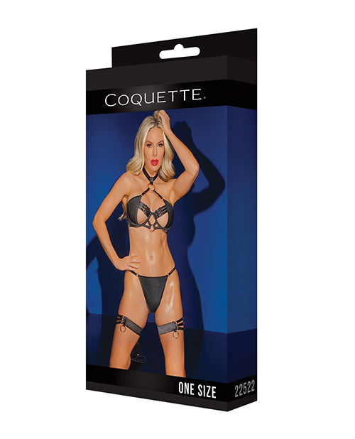Black Label Adjustable Choker Bra, G-string & Leg Garters Black O-s