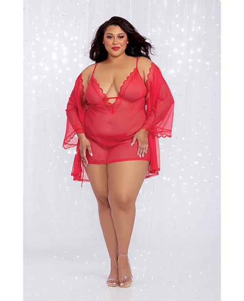 Stretch Mesh Chemise & Robe Red