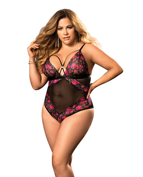 Demi Cup Lace & Mesh Teddy Black/hot Pink
