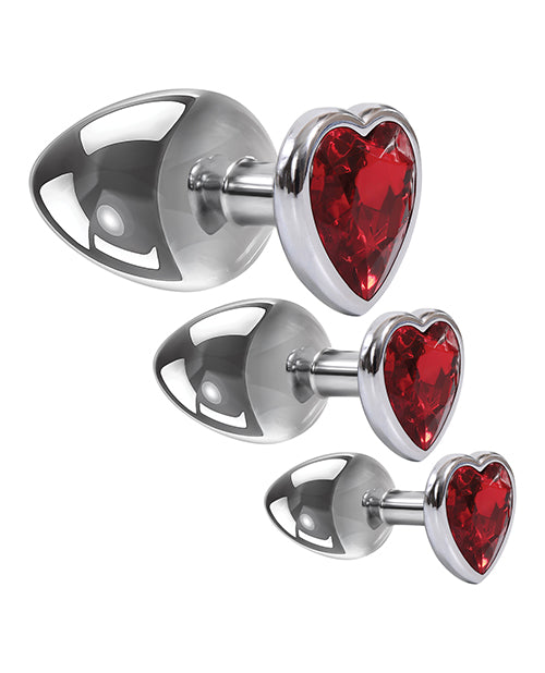 Adam & Eve Three Hearts Gem Anal Plug Set - Silver-red