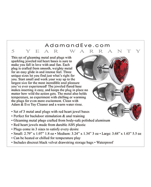 Adam & Eve Three Hearts Gem Anal Plug Set - Silver-red