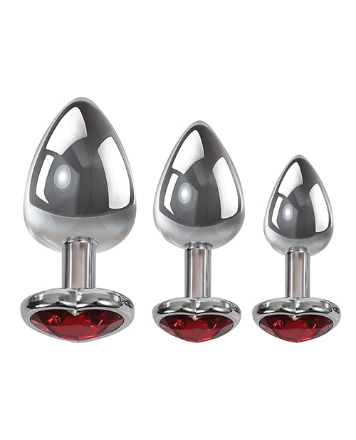 Adam & Eve Three Hearts Gem Anal Plug Set - Silver-red