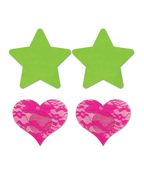 Fantasy Uv Reactive Neon Star & Lace Heart Pasties - Green & Pink O-s Pack Of 2