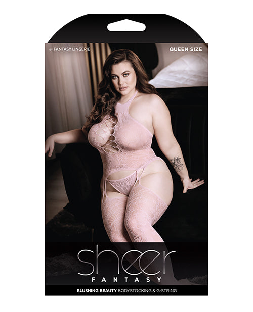 Sheer Fantasy High Neck Floral Lace Gartered Bodystocking & Panty Light Pink Qn