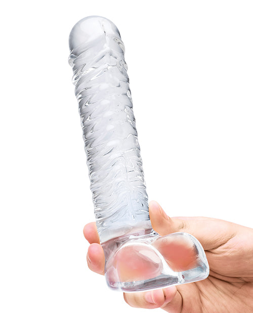 Glas 8" Realistic Ribbed Glass G-spot Dildo W-balls - Clear