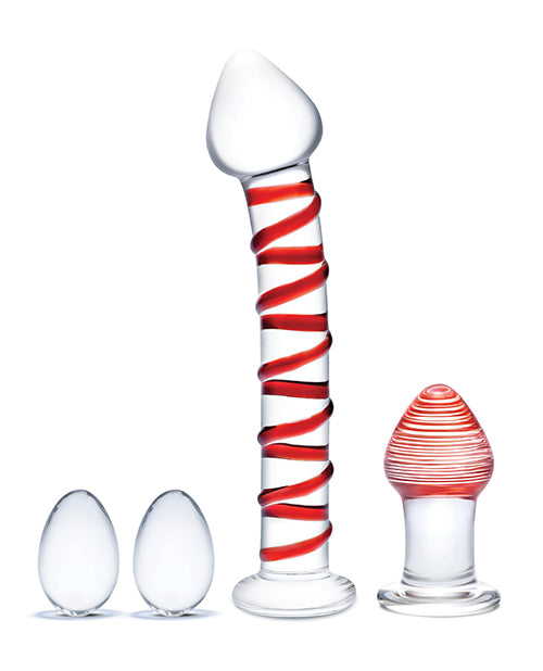 Glas 4 Pc Mr. Swirly Set W-glass Kegel Balls & 3.25" Butt Plug - Red