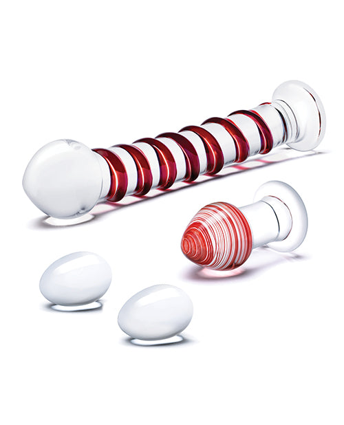 Glas 4 Pc Mr. Swirly Set W-glass Kegel Balls & 3.25" Butt Plug - Red