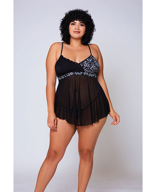 Galloon Lace, Micro Fiber & Fine Mesh Soft Cup Babydoll W/g-string Navy/black
