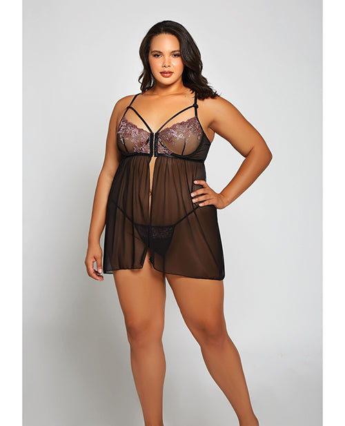 Jacquard Lace, Fine Mesh Babydoll & G-string Fuchsia/black