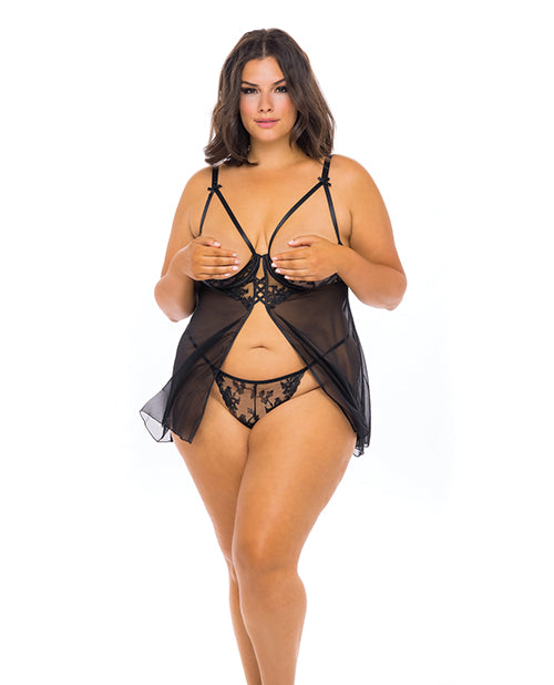 Kira Embroidered Open Cup Flyaway Babydoll & G-string Black