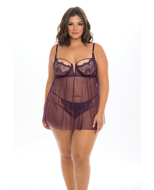 Eve Lace & Pin Dot Mesh Babydoll W/g-string Italian Plum