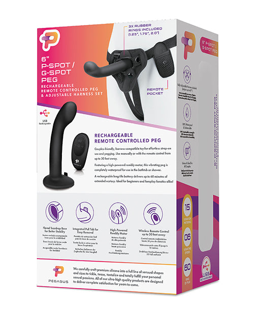 Pegasus 6" Rechargeable P-spot G-spot Peg W-adjustable Harness & Remote Set - Black