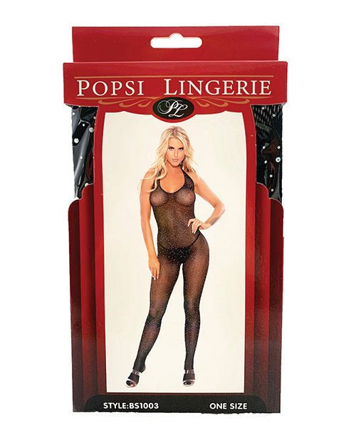Rhinestone Fishnet Halter Top Bodystocking Black O-s