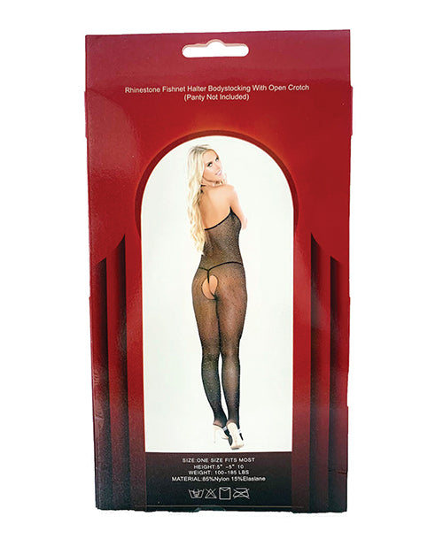 Rhinestone Fishnet Halter Top Bodystocking Black O-s