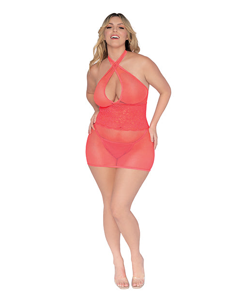 Simply Sexy Stretch Fishnet & Lace Chemise W-open Back & G-string Coral Qn