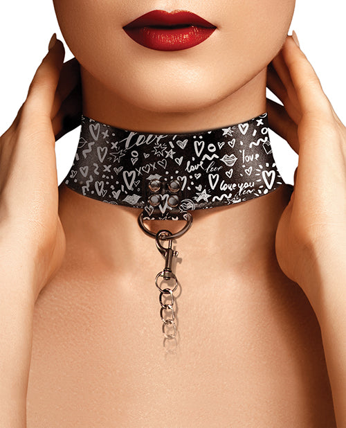 Shots Ouch Love Street Art Fashion Printed Collar W-leash - Black