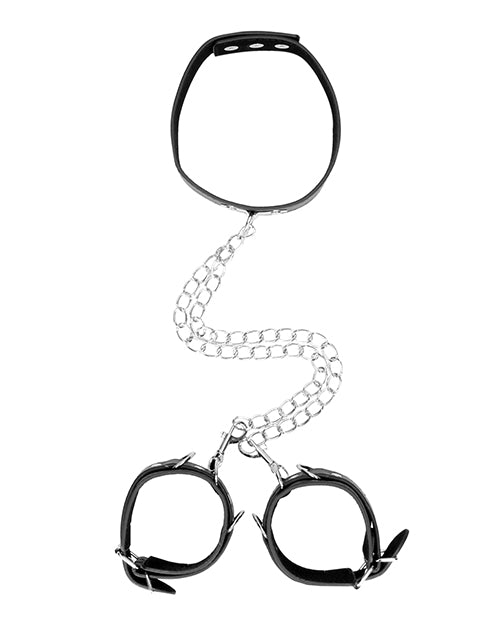 Shots Ouch Black & White Bonded Leather Collar W-hand Cuffs - Black