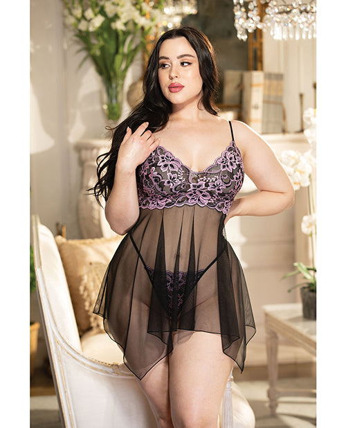 Valentines Sheer & Floral Applique Babydoll Black/pink