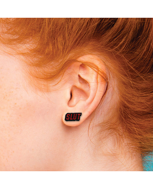 Wood Rocket Porn Slut Earrings - Red Glitter