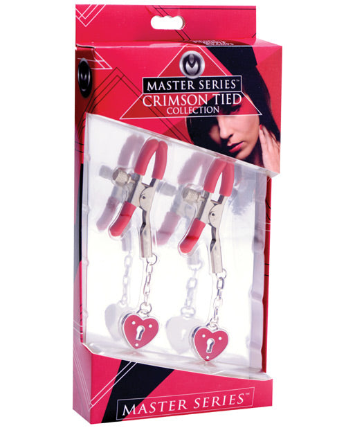 Master Series Charmed Heart Padlock Nipple Clamps - Red